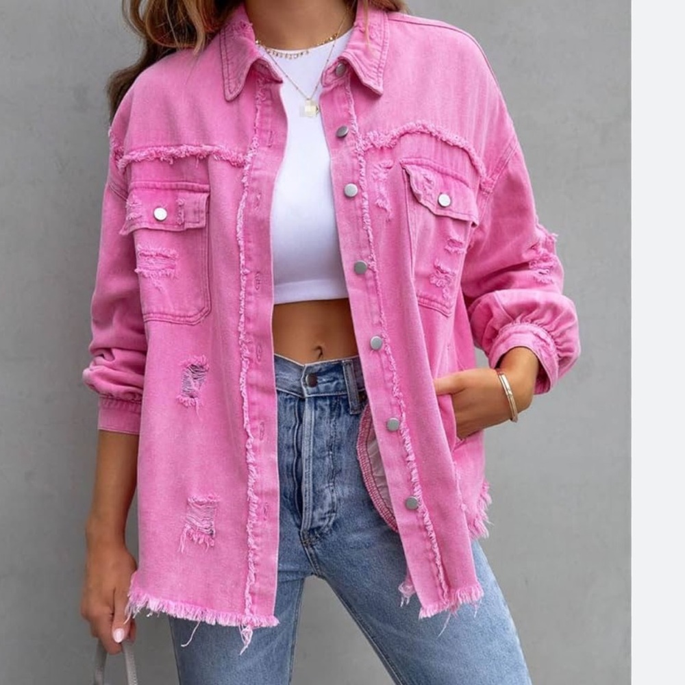 Women’s Oversize Frayed Lightweight Denim Jacket Size XL.  Bubble gum pink.